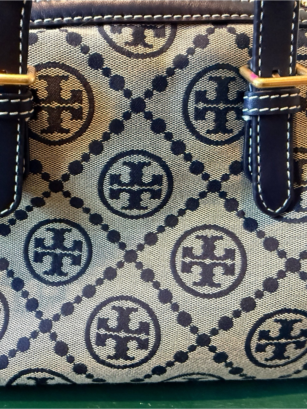 Authentic Tory Burch T Logo Navy and Cream Canvas Satchel with strap. Medium - Picture 11 of 14